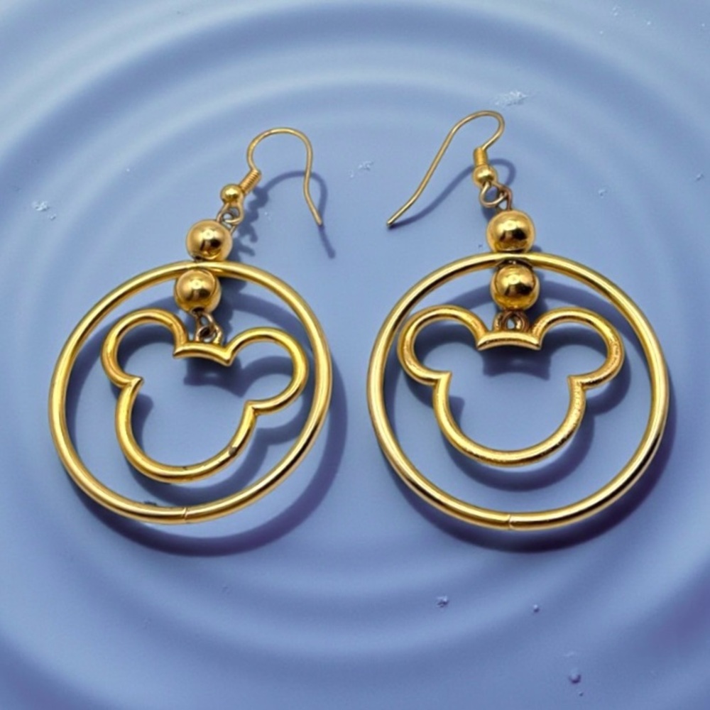Disney Mickey Mouse Statement Gold Tone Dangle Pierced Earrings